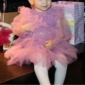 Designer Dress with sheer Puff Sleeves and Tulle Skirt